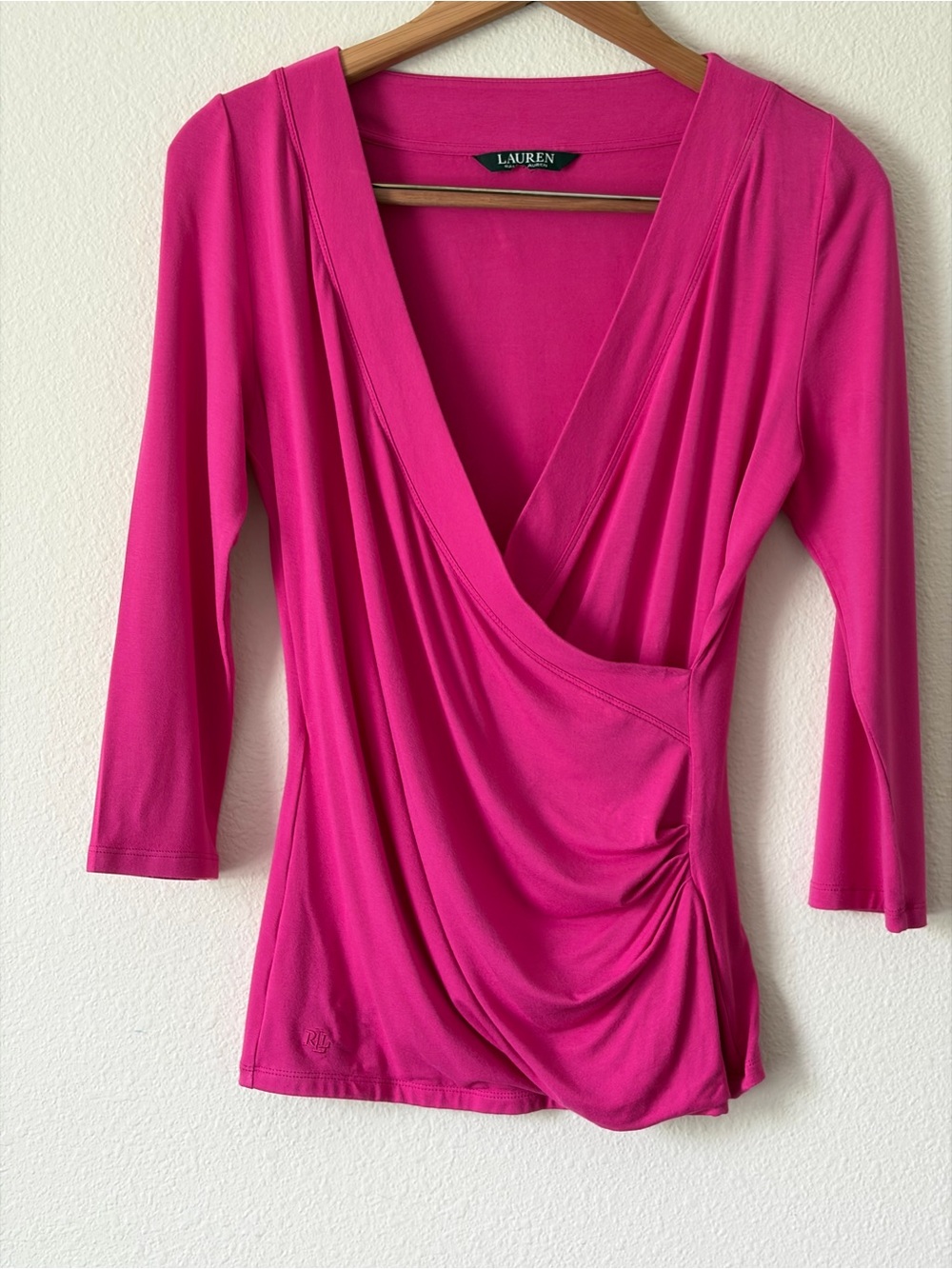 Lauren Ralph Lauren Women’s Hot Pink 3/4Sleeve Faux Wrap Top Size Medium
